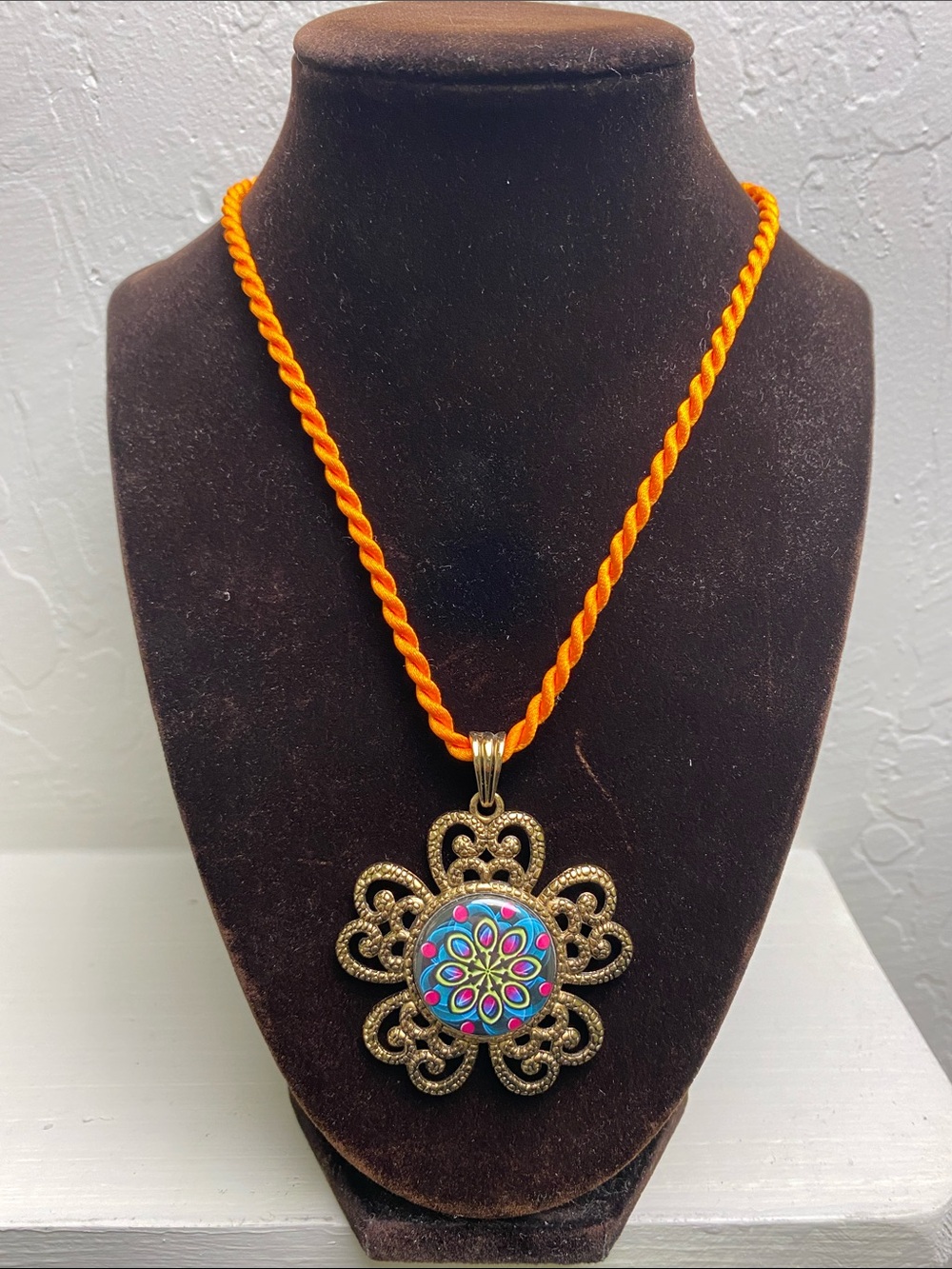 Colorful Enamel Floral Filigree Pendant Necklace in Orange